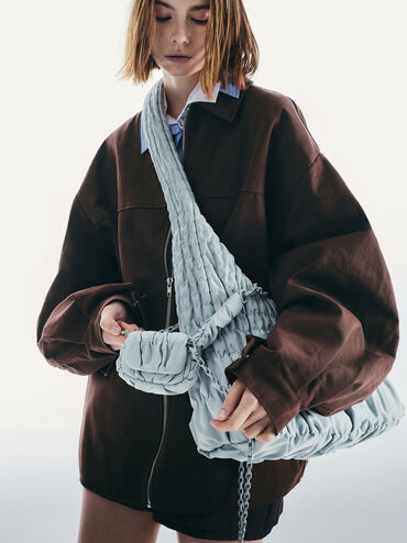 Túi đeo chéo hình thang Klio Nylon Ruched, Sea Salt Blue, hi-res