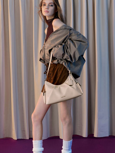 Túi đeo vai phom chữ nhật Khai Side-Pocket, Xám trắng, hi-res