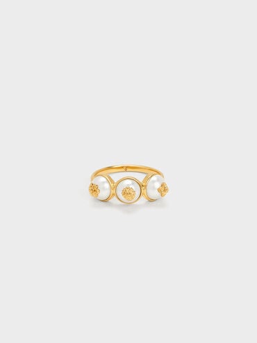 Nhẫn ngọc trai Flower-Embellished Triple Pearl, Vàng đồng, hi-res