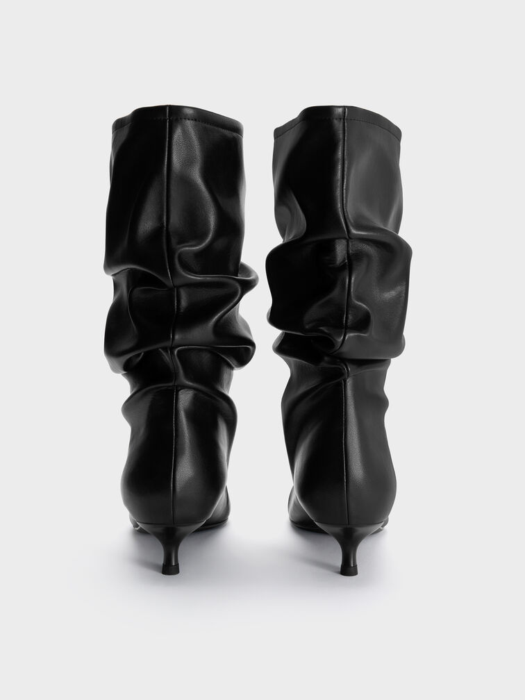 Ruched Kitten-Heel Calf Boots, Black, hi-res
