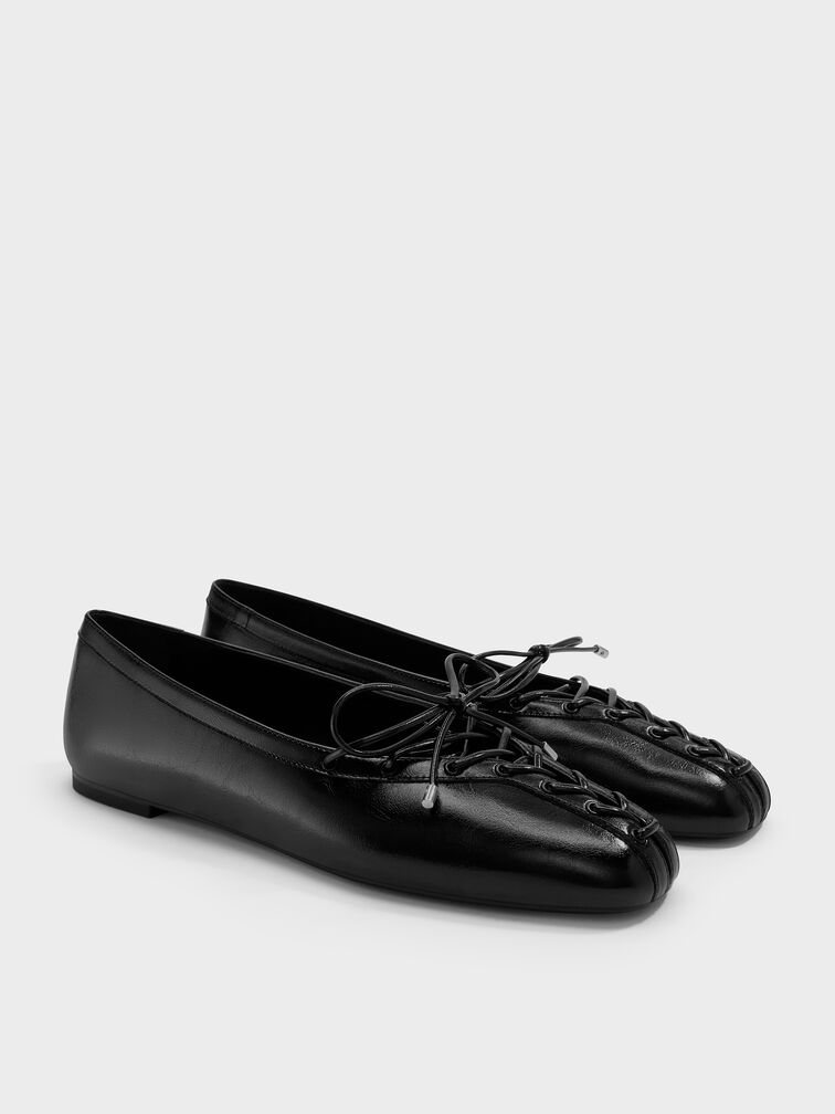 Lace-Up Bow Ballet Flats, Black, hi-res