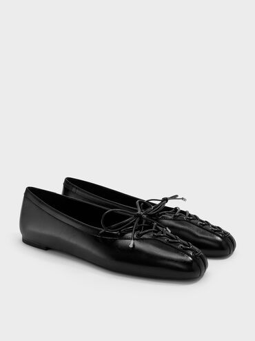 Lace-Up Bow Ballet Flats, Black, hi-res