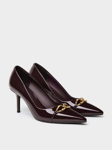 Gi&agrave;y cao g&oacute;t b&iacute;t mũi Patent Metallic-Buckle đỏ burgundy, Đỏ burgundy, hi-res