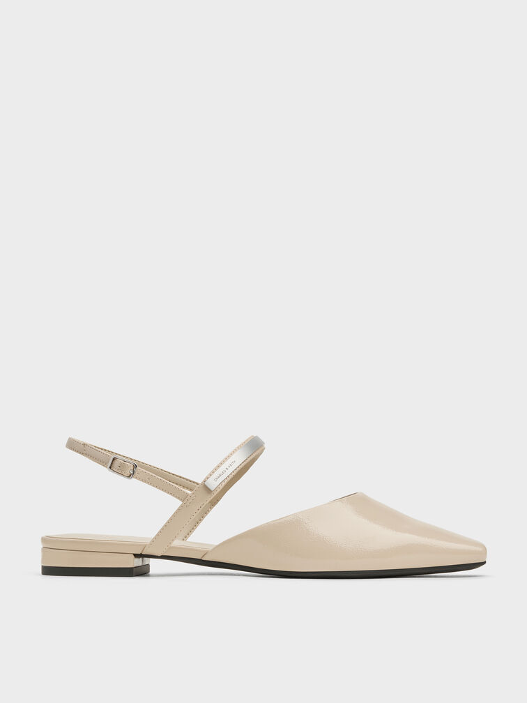 Patent Metallic-Accent Square-Toe Slingback Flats, Beige, hi-res
