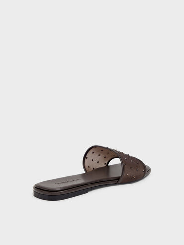 Mesh Crystal Slide Sandals, Dark Brown Textured, hi-res