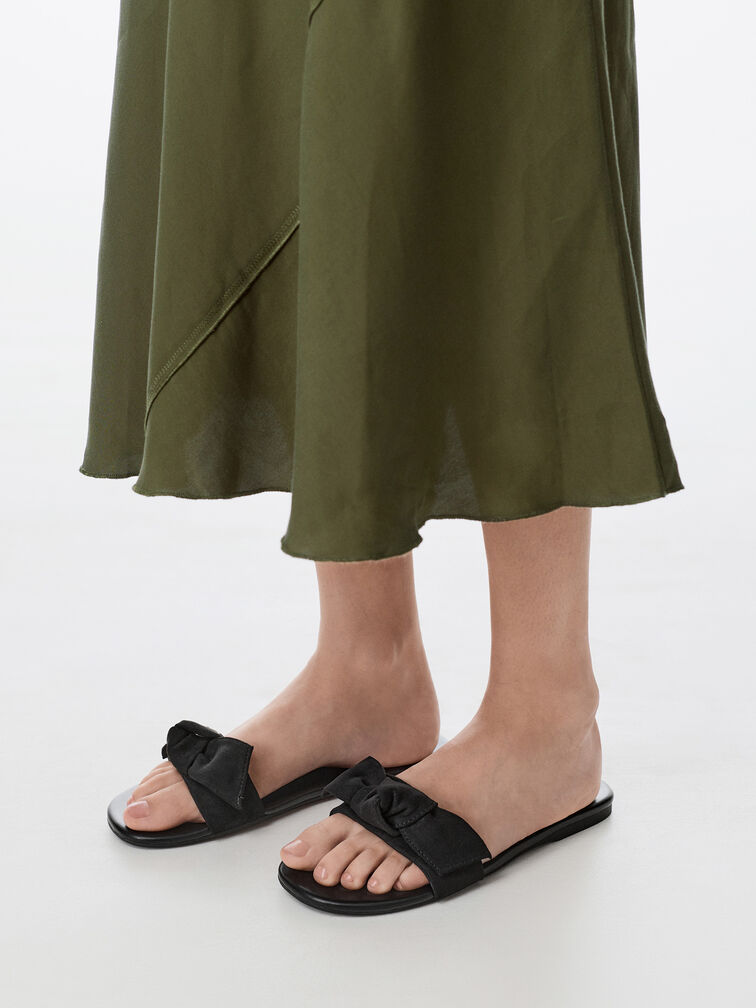 Anika Faux Suede Knot-Bow Slides, Black Textured, hi-res