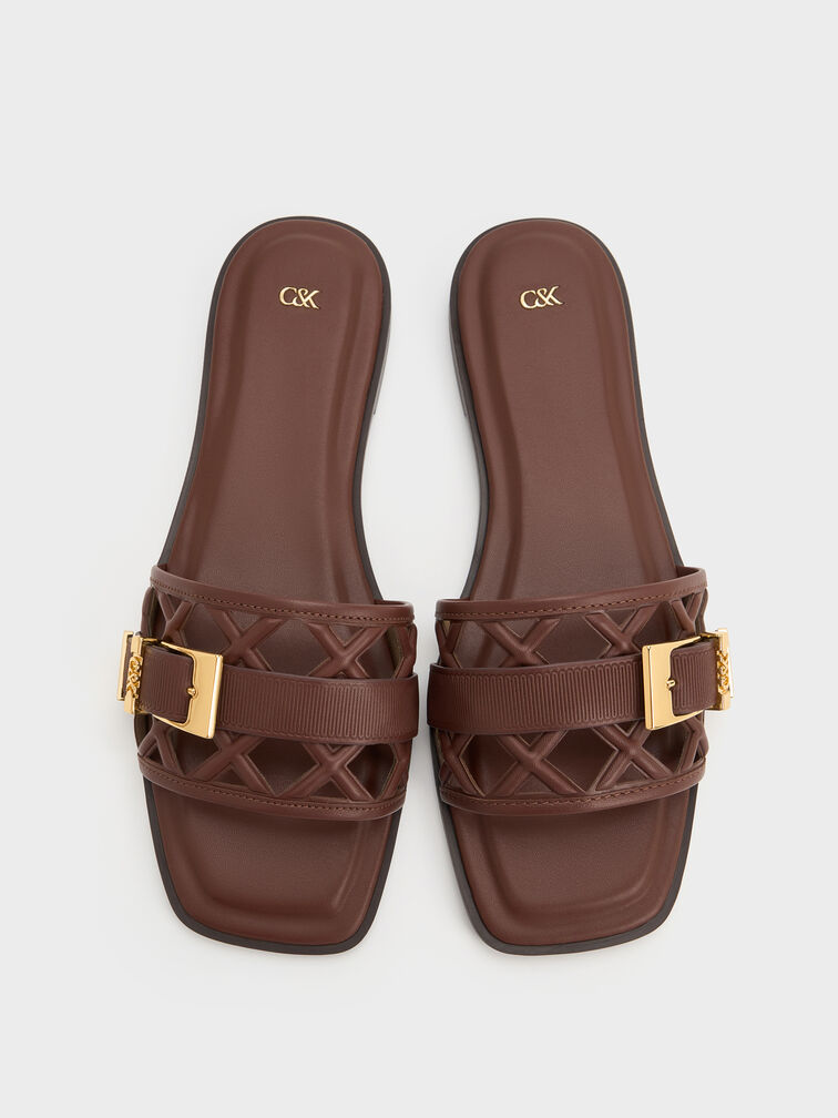 Whitney Leather Cut-Out Slide Sandals, Brown, hi-res