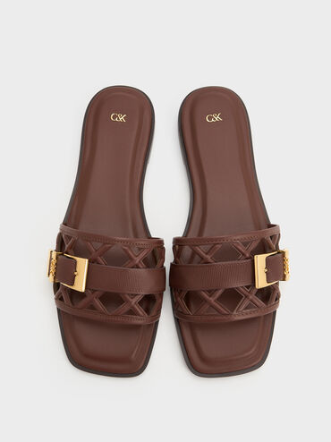 Whitney Leather Cut-Out Slide Sandals, Brown, hi-res