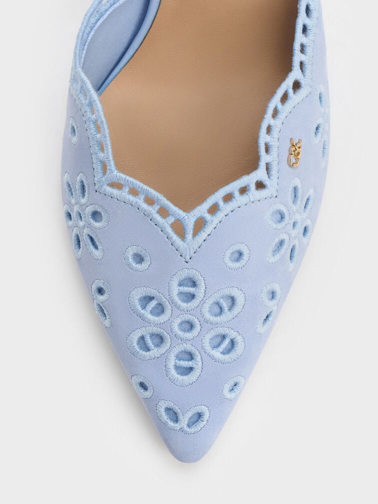 Leather Embroidered Pointed Slingback Pumps, Light Blue, hi-res