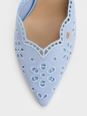 Leather Embroidered Pointed Slingback Pumps, Light Blue, hi-res