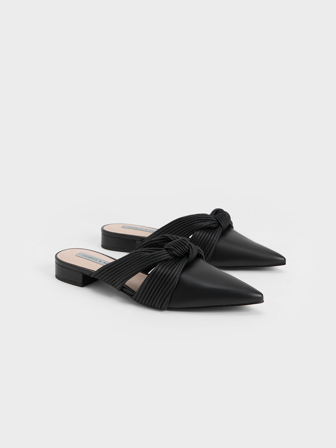 Knotted Pleated Mules, Black, hi-res