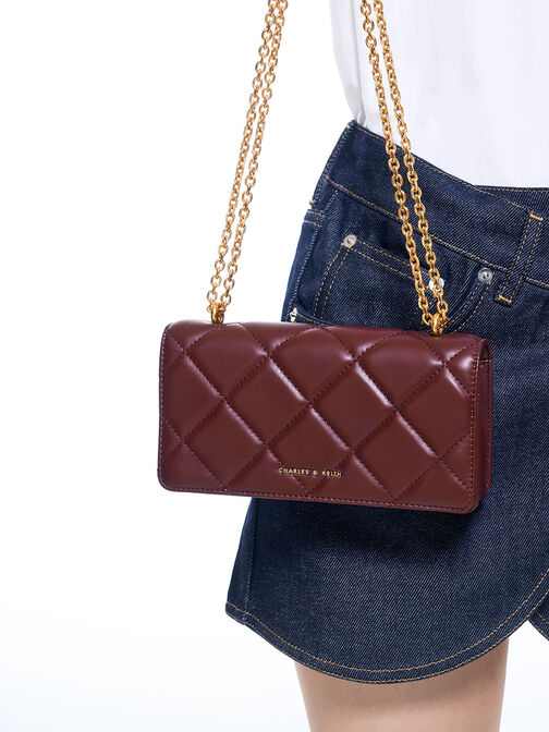 Paffuto Chain Handle Quilted Long Wallet, Burgundy, hi-res