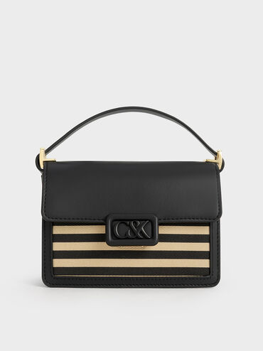 Túi đeo vai chữ nhật Leather & Canvas Striped Boxy, Nhiều màu, hi-res
