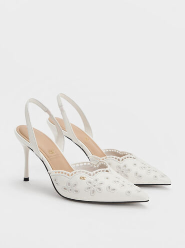 Leather Embroidered Pointed Slingback Pumps, White, hi-res