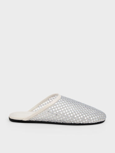 Maggie Mesh Crystal Flat Mules, White, hi-res