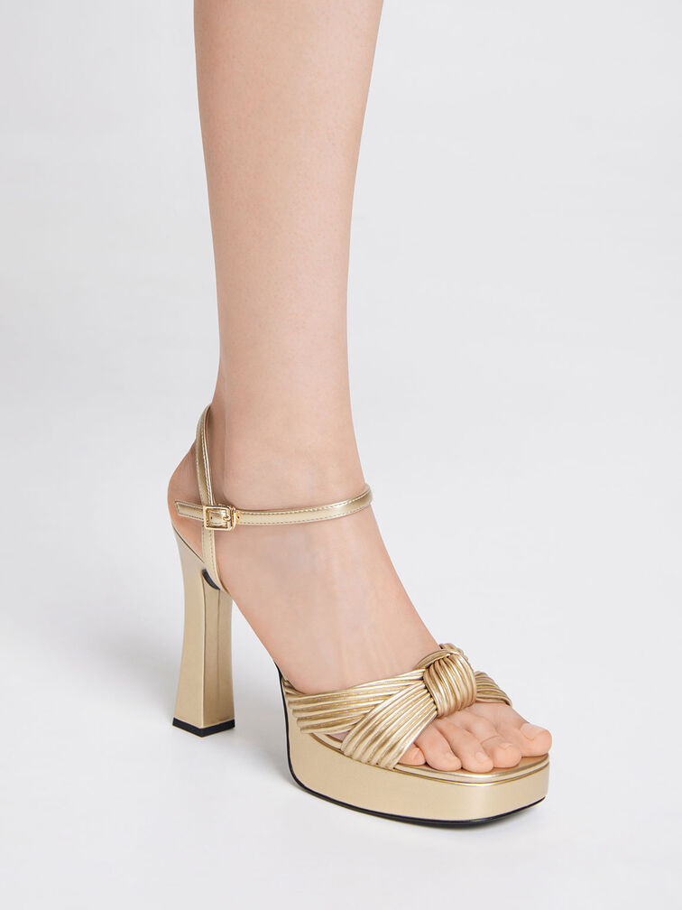 Giày sandals cao gót thắt nút Pleated Knotted Platform, Vàng đồng, hi-res