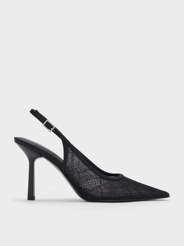 Lace & Satin Slingback Pumps, Black Textured, hi-res