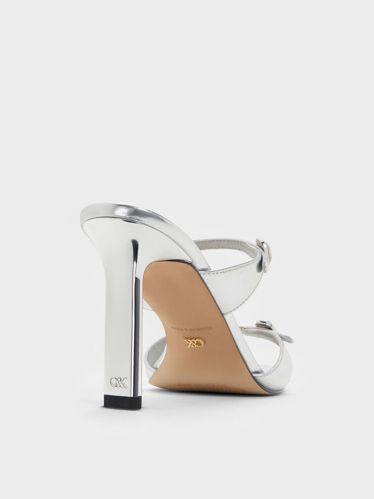 Giày mules cao gót Metallic Leather, Bạc, hi-res