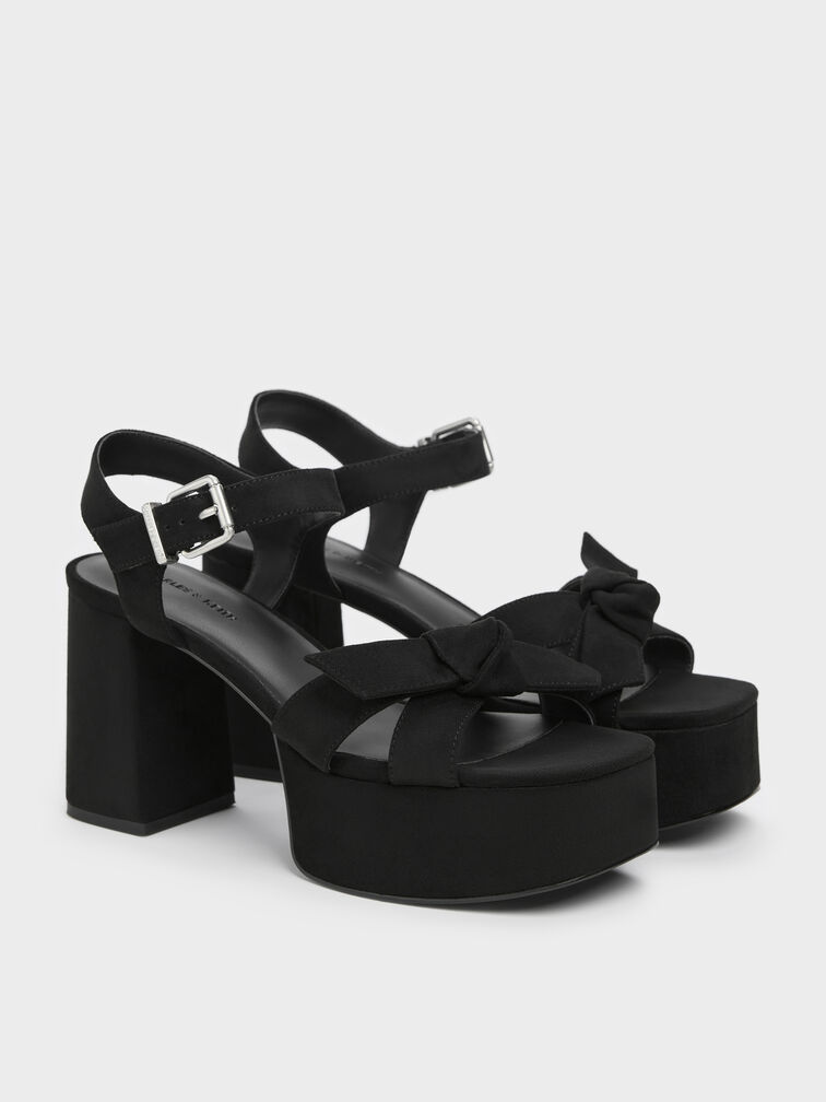 Anika Faux Suede Knot-Bow Platform Sandals, Black Textured, hi-res