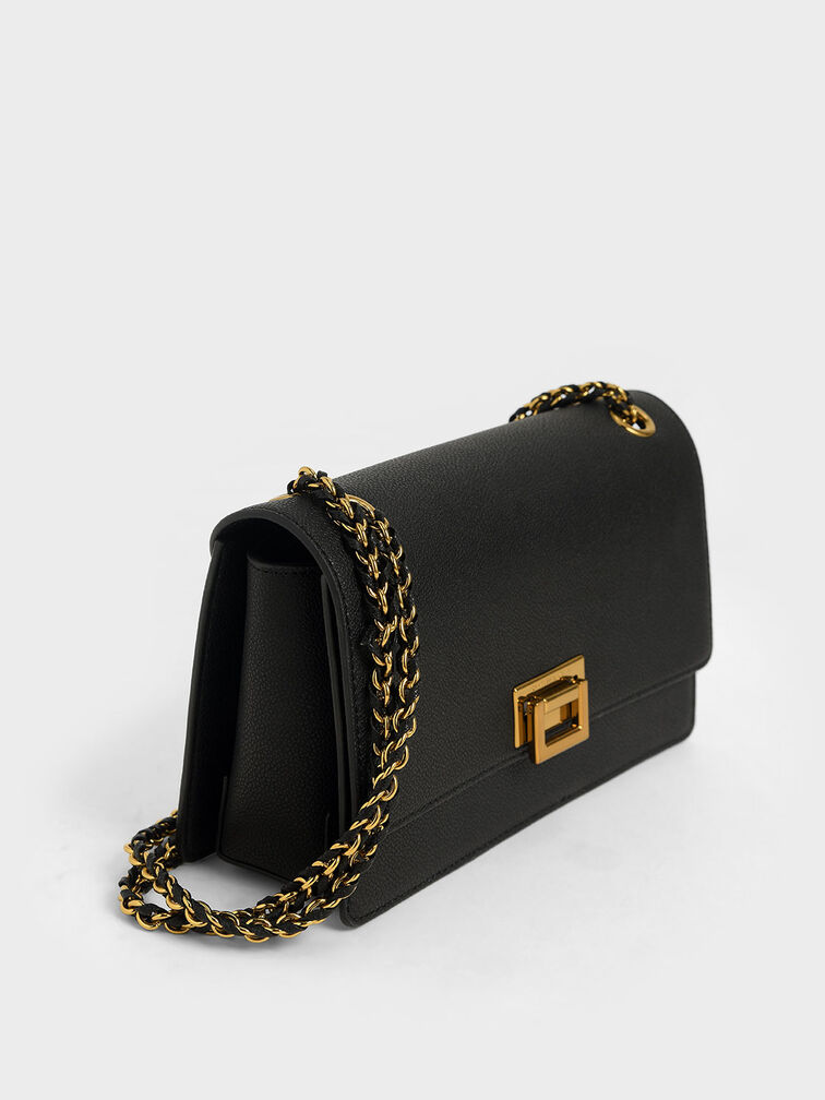 Túi đeo vai phom chữ nhật Chain Strap, Đen, hi-res