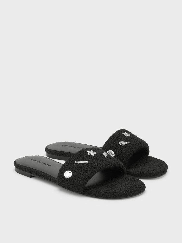 Tweed Beach Slide Sandals, Black Textured, hi-res