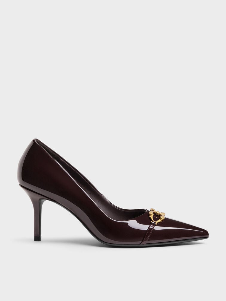 Gi&agrave;y cao g&oacute;t b&iacute;t mũi Patent Metallic-Buckle đỏ burgundy, Đỏ burgundy, hi-res