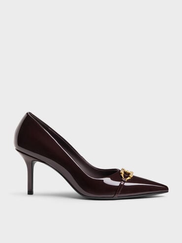 Gi&agrave;y cao g&oacute;t b&iacute;t mũi Patent Metallic-Buckle đỏ burgundy, Đỏ burgundy, hi-res