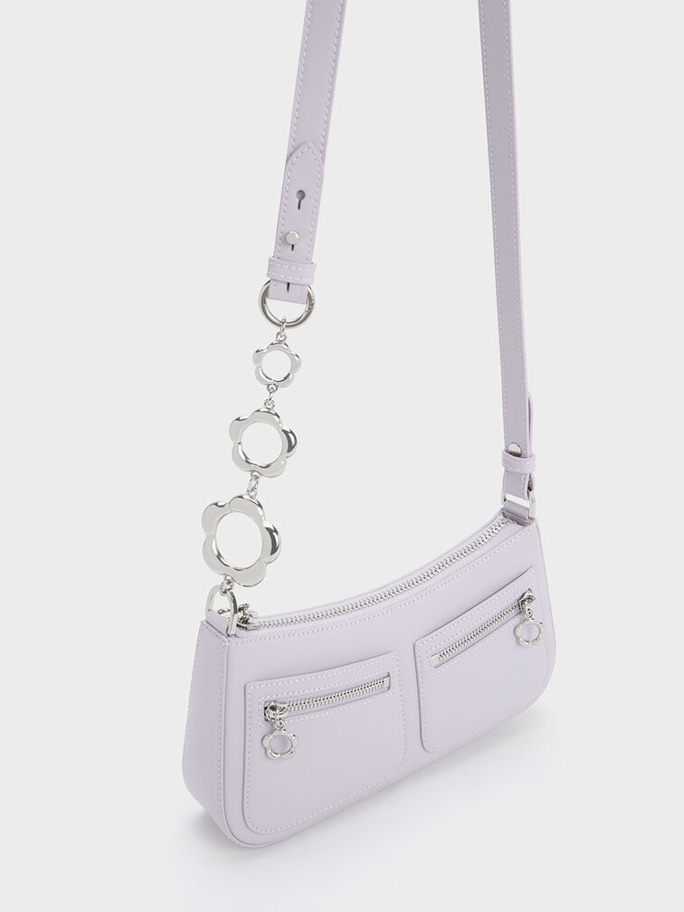 Flower-Embellished Shoulder Bag, Lilac, hi-res