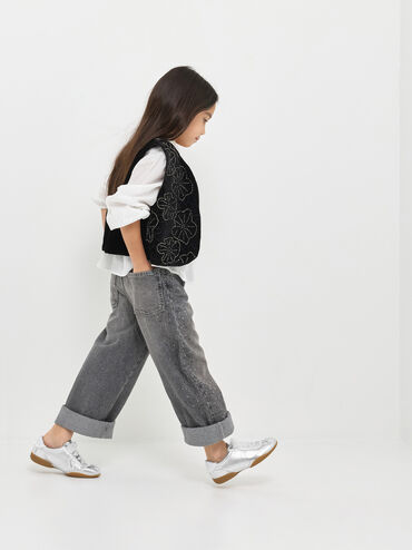 Girls' Metallic Lace-Trim Sneakers, Silver, hi-res