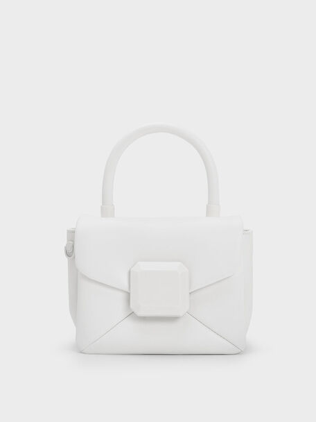 Geometric Push-Lock Top Handle Bag, White, hi-res