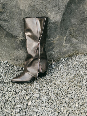 Aether Tassel-Zip Knee-High Boots, Dark Brown, hi-res