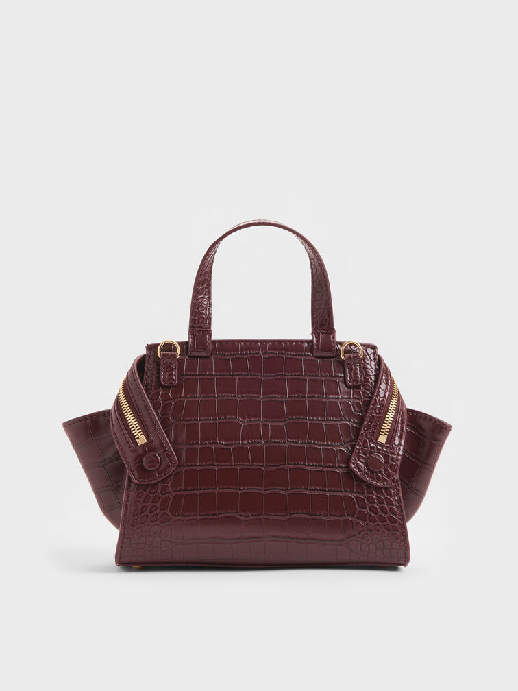 Pansy Trapeze Croc-Effect Top Handle Bag, Wineberry Red, hi-res