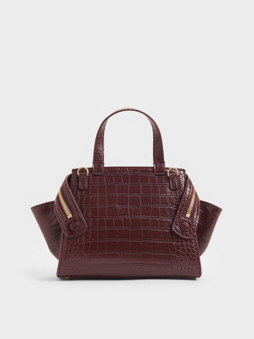 Pansy Trapeze Croc-Effect Top Handle Bag, Wineberry Red, hi-res
