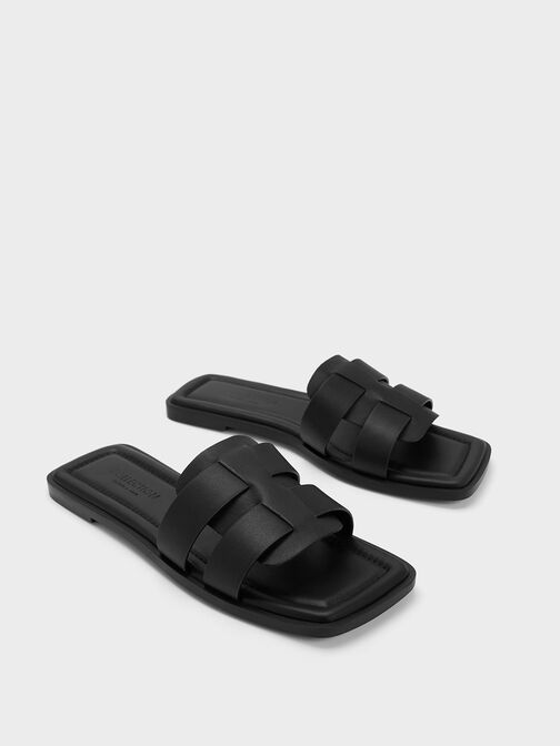 Trichelle Interwoven Leather Slide Sandals, Black, hi-res