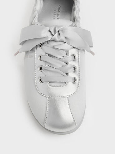 Girls' Satin Pearlescent Sneakers, Silver, hi-res