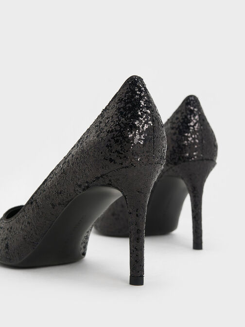 Emmy Glittered Pointed-Toe Pumps, Black Textured, hi-res