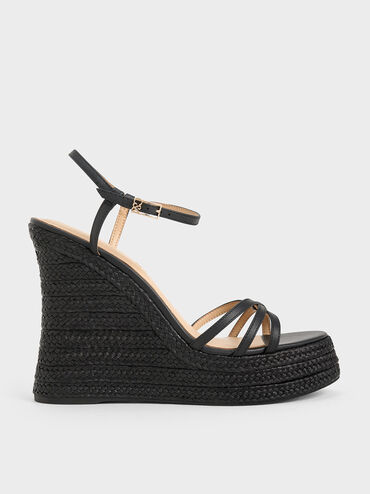 Gi&agrave;y đế xuồng hở mũi Leather Strappy Espadrille, Đen, hi-res