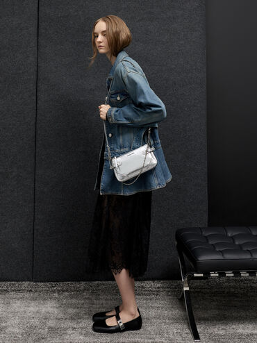 Antonella Metallic Chain-Strap Side-Buckle Crossbody Bag, Silver, hi-res