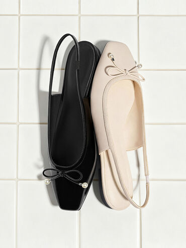 Barbara Patent Pearl-Bow Slingback Flats, Black Patent, hi-res