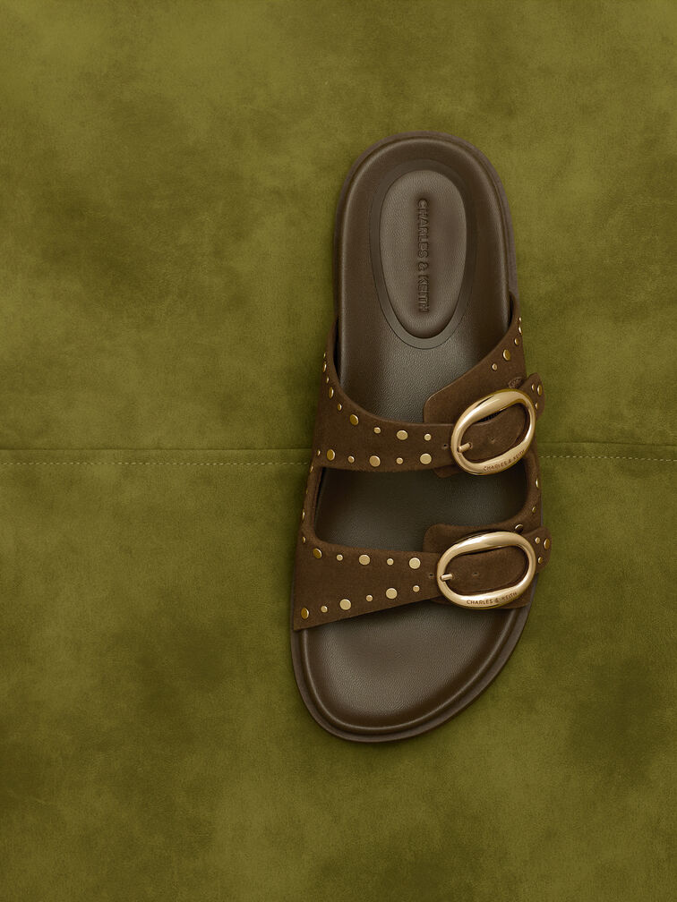 Studded Buckled Double-Strap Slides, Brown, hi-res