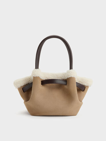 Mini Cosima Fur-Trim Tote Bag, Sand, hi-res