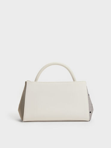 Hazel Heart-Print Bow Panelled Top Handle Bag, Taupe, hi-res