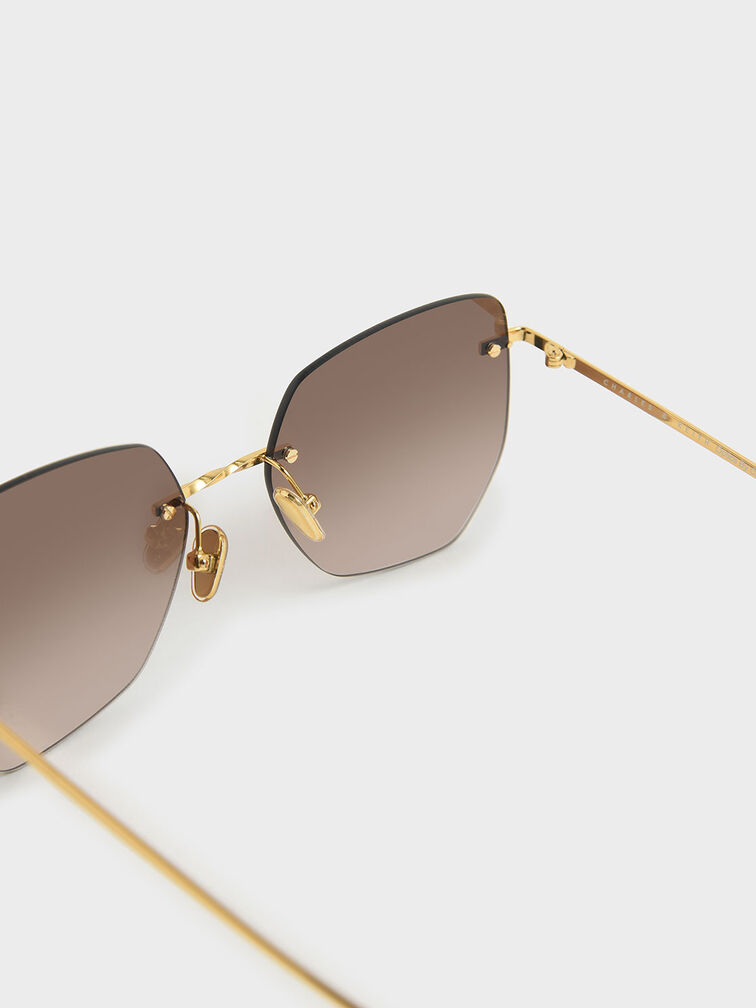 Rimless Geometric Sunglasses, Brown, hi-res