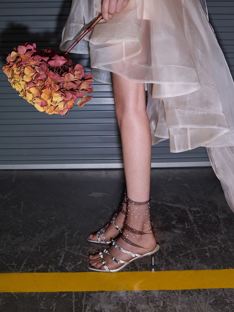 Gi&agrave;y mules cao g&oacute;t Jessy Metallic Leather Bow, Bạc, hi-res