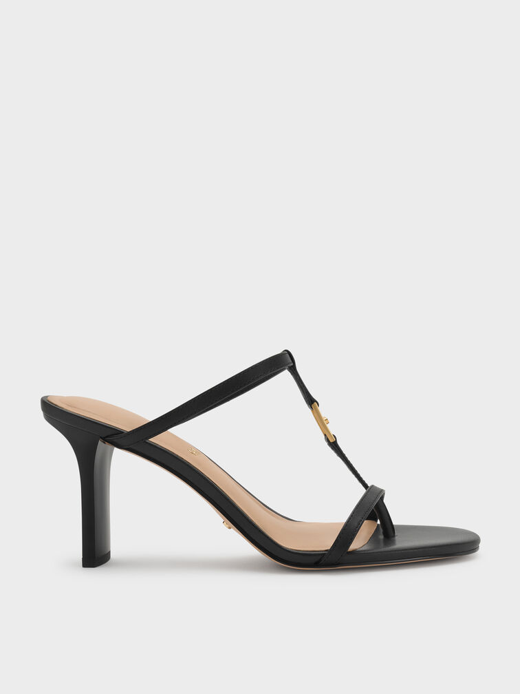 Leather T-Bar Heeled Mules, Black, hi-res
