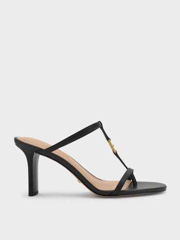 Leather T-Bar Heeled Mules, Black, hi-res