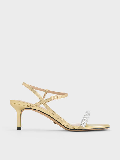 Leather Gem-Embellished Ankle-Strap Sandals, Gold, hi-res