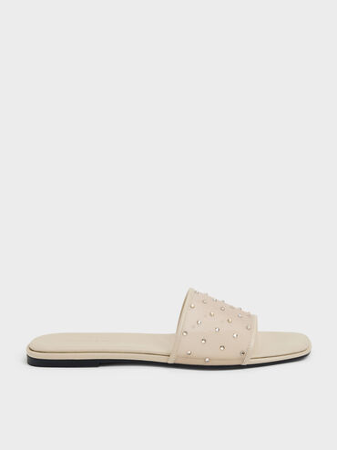 Mesh Crystal Slide Sandals, Beige, hi-res