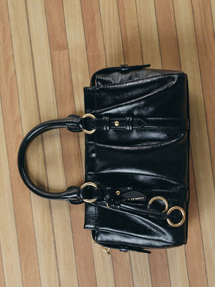 Túi tote phom chữ nhật Britton Ruched, Đen, hi-res