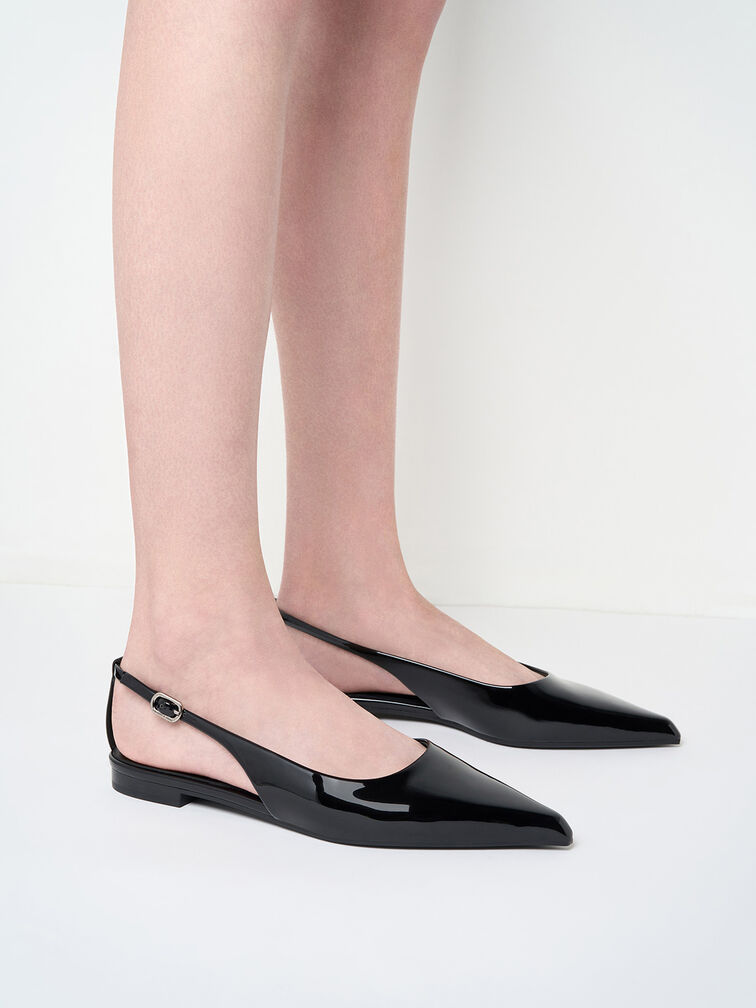 Patent Cut-Out Pointed-Toe Slingback Flats, Black Patent, hi-res